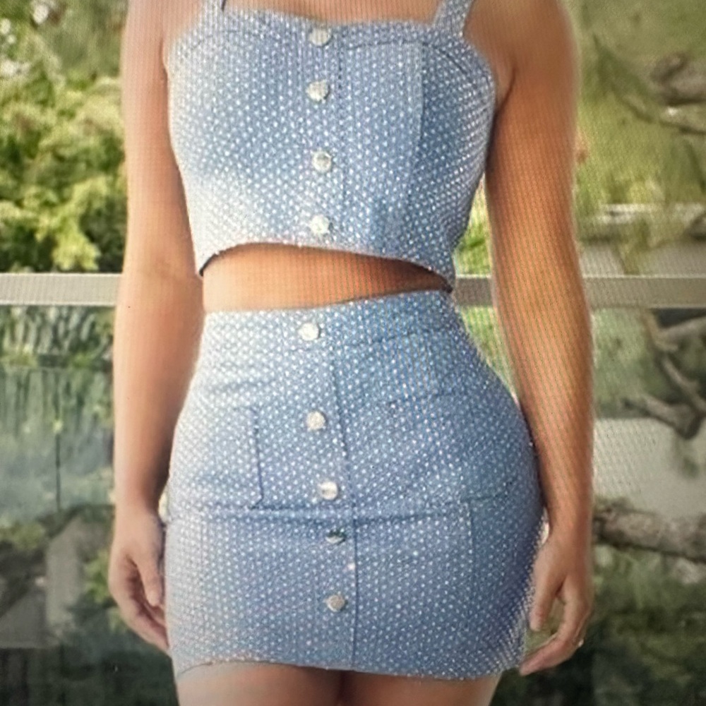 Rhinestone Denim Two Piece Skirt Set